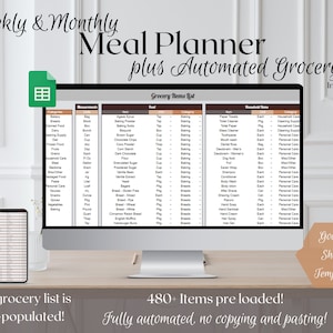Weekly Meal Planner: Automated Grocery List, Google Sheets (Digital Template)