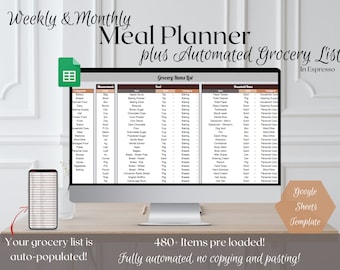 Weekly Meal Planner: Automated Grocery List, Google Sheets (Digital Template)