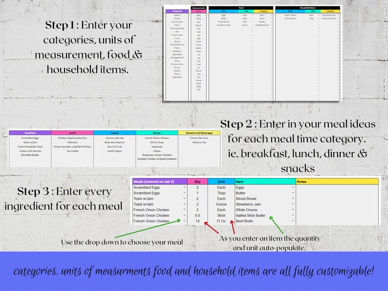 Weekly Meal Planner And Grocery List Digital Template Google Sheets 