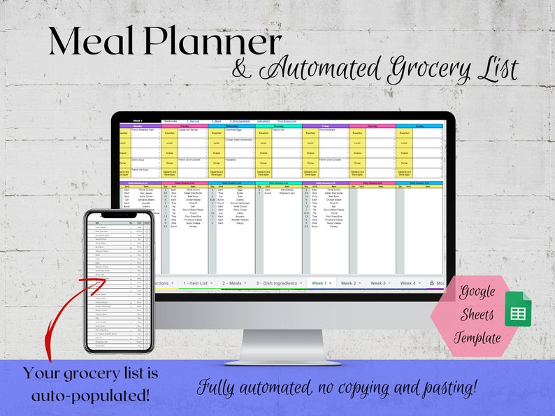 Weekly Meal Planner and Grocery List Digital Template Google Sheets