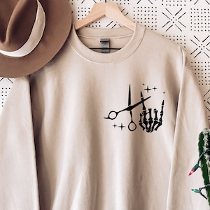 Pocket Skeleton Holding Scissors Sweatshirt Hair Stylist Sweatshirt,gift for haircut,Hairdresser Sweatshirt,Hair Style,Beautician Sweatshirt
