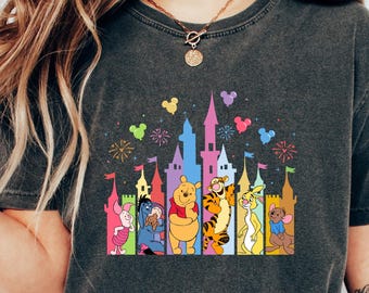 Camiseta retrô do Castelo da Disney do Ursinho Pooh, camiseta do Ursinho Pooh e seus amigos, camiseta do Ursinho Pooh da Disney, camiseta do Ursinho Pooh, camiseta do Ursinho Pooh e cia., camiseta do Ursinho Pooh