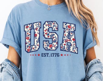 Comfort Colors Floral USA Shirt, American Girl Shirt, USA Est 1776 Shirt, Patriotic  Shirt, Flower USA Shirt