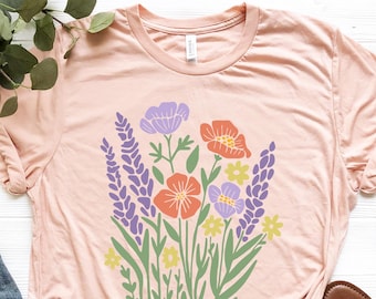T-shirt wilde bloemen, Cottagecore-shirt bloemen, botanisch shirt, bloemenshirt, natuurshirt, T-shirt wilde bloemen, shirt wilde bloemen, bloemenshirt vrouwen