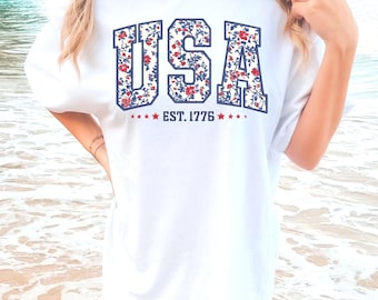 Floral USA Shirt, American Girl Shirt, USA Est 1776 Shirt, Girly 4th of July Shirt, Patriotic Women Shirt, USA