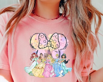 Comfort Color® retro prinsesshirt, Assepoester Sneeuwwitje Ariel Belle Rapunzel-T-shirt, Disneyland-shirt, meisje Disney-reis 2025, retro Disney