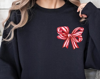 Suéter navideño con lazo rojo y coqueta, sudadera con lazo de Feliz Navidad, suéter con coqueta de Feliz Navidad para las fiestas, regalo de Navidad, Navidad