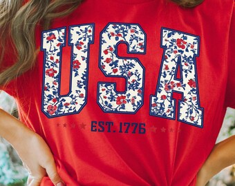 Floral USA Shirt, American Girl Shirt, USA Est 1776 Shirt, Girly 4th of July Shirt, Patriotic Women Shirt, USA