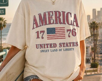 Comfort Colors Retro America 4th Of July Shirt Fourth of July Tshirt Trendy Oversized USA Tee Aesthetic Patriotic Shirt Cute Summer