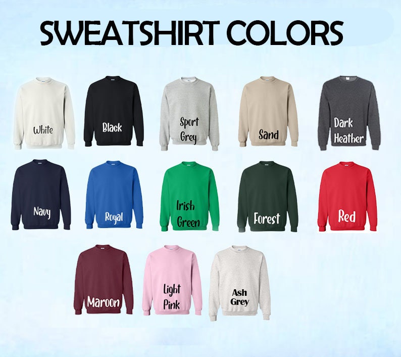 K&ouml;nnte beinhalten: Eine Auswahl an Sweatshirt-Farben, darunter Wei&szlig;, Schwarz, Sportgrau, Sand, Dunkelgrau, Marine, Royal, Irish Green, Wald, Rot, Bordeaux, Hellrosa und Aschgrau. Jedes Sweatshirt wird in einer Volltonfarbe mit dem Farbnamen darunter gezeigt.