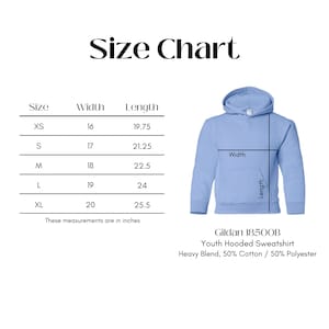 May include: Size chart for a youth hooded sweatshirt in light blue. The chart shows sizes XS through XL with corresponding width and length measurements in inches. The text "Gildan 18500B Youth Hooded Sweatshirt Heavy Blend, 50% Cotton / 50% Polyester" is at the bottom of the chart.