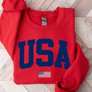 May include: Red sweatshirt with a navy blue "USA" graphic and a small American flag.