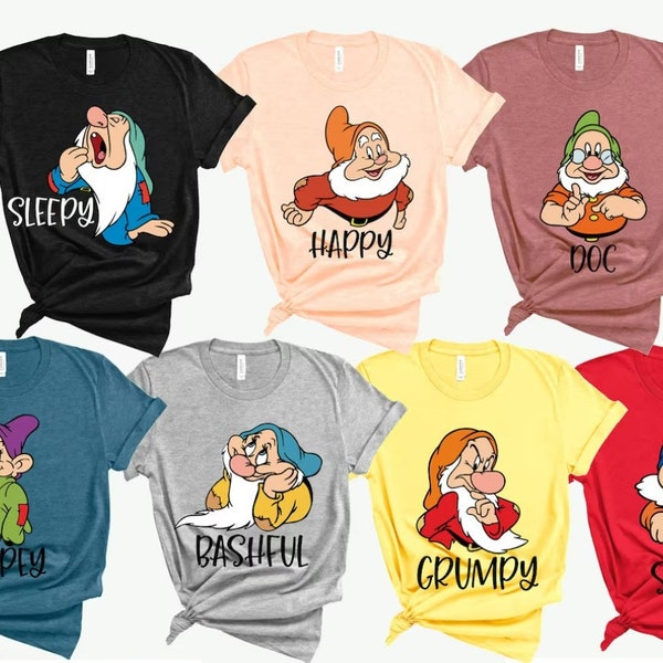 Chemises des sept nains, les sept nains, chemises du groupe Disney, Blanche-Neige, chemises de la famille Disney, chemises pour la famille, famille Disney, 7 nains