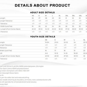 K&ouml;nnte beinhalten: Produkttabelle mit Gr&ouml;&szlig;enangaben f&uuml;r Erwachsene und Jugendliche, mit Ma&szlig;en in Zoll. Enth&auml;lt K&ouml;rperl&auml;nge, Brustweite und &Auml;rmell&auml;nge. Stoffdetails und Pflegehinweise sind ebenfalls enthalten.