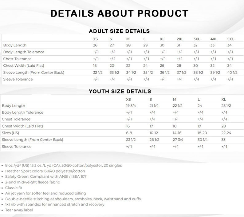 K&ouml;nnte beinhalten: Produkttabelle mit Gr&ouml;&szlig;enangaben f&uuml;r Erwachsene und Jugendliche, mit Ma&szlig;en in Zoll. Enth&auml;lt K&ouml;rperl&auml;nge, Brustweite und &Auml;rmell&auml;nge. Stoffdetails und Pflegehinweise sind ebenfalls enthalten.