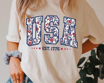 Comfort Colors Floral USA Shirt, American Girl Shirt, USA Est 1776 Shirt,Flower USA Shirt Girly Usa