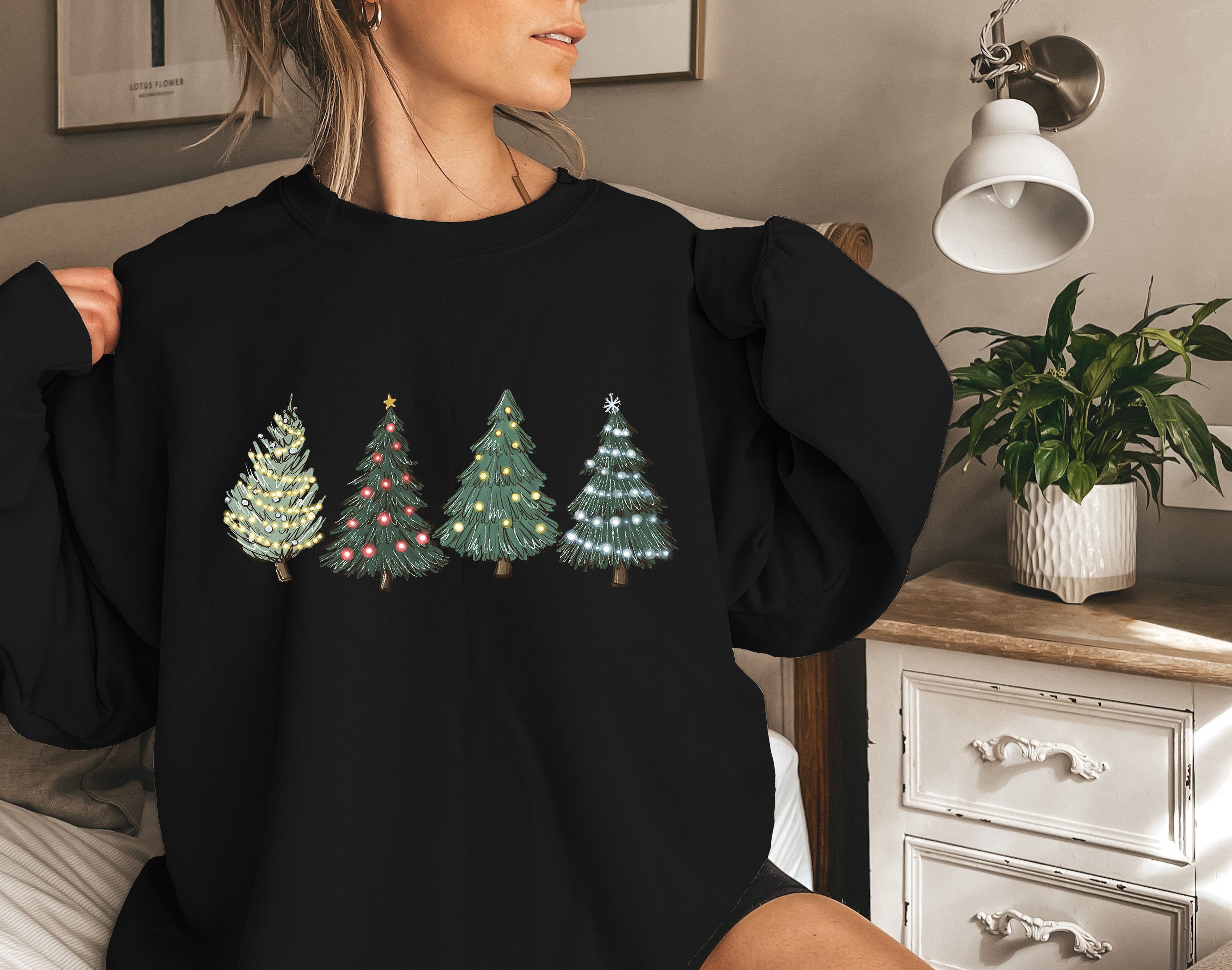 LOTUCY Felpa Natalizia Donna Con Ricamo Agrifoglio E Jolly - Maglione Manica Lunga Girocollo, Verde, Taglia L, Morbido Cotone
