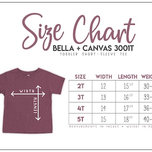 Pu&ograve; includere: Tabella delle taglie per magliette a maniche corte per bambini piccoli Bella + Canvas 3001T. La tabella mostra le taglie 2T a 5T con le misure di larghezza, lunghezza e peso corrispondenti in pollici e libbre.