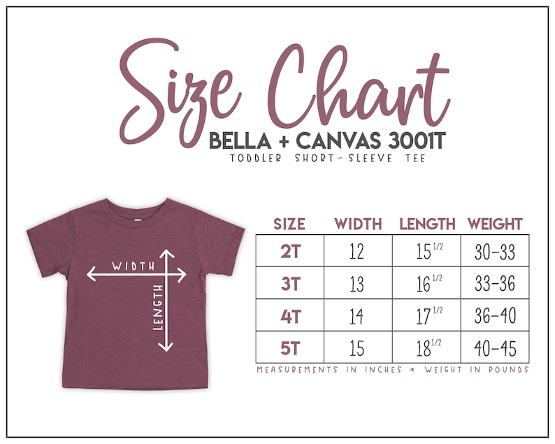 Pu&ograve; includere: Tabella delle taglie per magliette a maniche corte per bambini piccoli Bella + Canvas 3001T. La tabella mostra le taglie 2T a 5T con le misure di larghezza, lunghezza e peso corrispondenti in pollici e libbre.