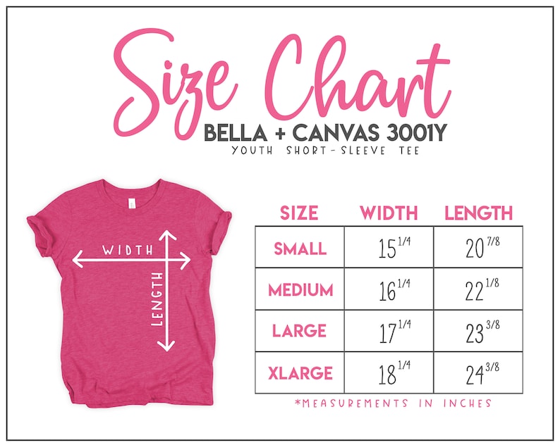 Pu&ograve; includere: Tabella delle taglie per la t-shirt a maniche corte per ragazzi Bella + Canvas 3001Y. La tabella mostra le taglie dalla S alla XL con le misure di larghezza e lunghezza corrispondenti in pollici.