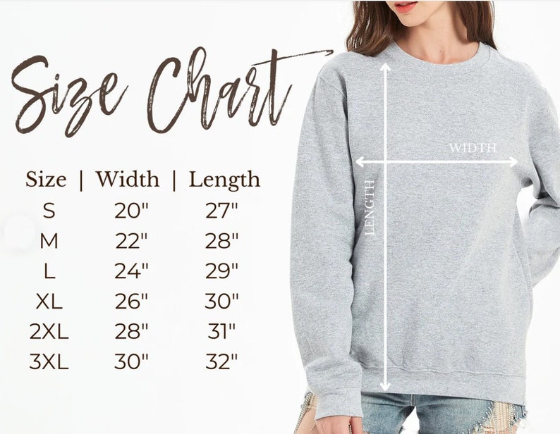 K&ouml;nnte beinhalten: Ein hellgraues Sweatshirt mit einer Gr&ouml;&szlig;entabelle. Die Gr&ouml;&szlig;entabelle zeigt die Breiten- und L&auml;ngenma&szlig;e in Zentimetern f&uuml;r die Gr&ouml;&szlig;en S, M, L, XL, 2XL und 3XL. Das Sweatshirt wird auf Breite und L&auml;nge gemessen.