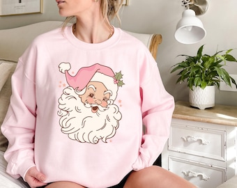 Pink Retro Santa Sweater,Women Christmas Santa Shirt,Cute Vintage Santa Shirt,Cute Christmas Shirt,Christmas Sweatshirt,Christmas Gift,xmas