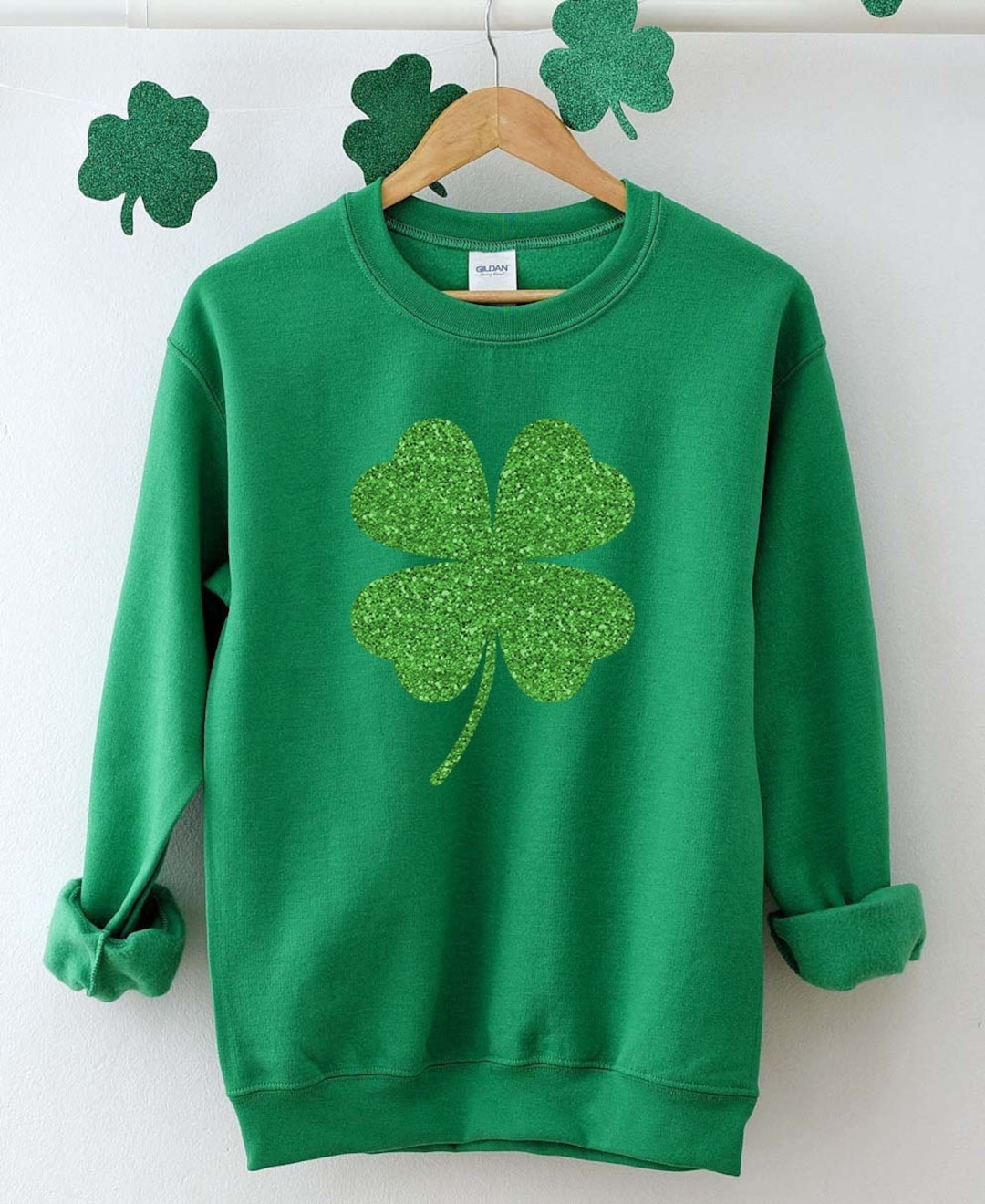 Glitter SHAMROCK Sweatshirt,green Glitter Four Leaf,lucky Sweatshirt
