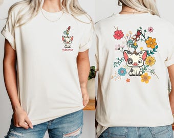 Retro 70-tals Pua och Hei Hei blommiga bekväma färger-skjorta, Disney Vaiana-skjorta, Disneyland-utflyktsoutfit, söt födelsedagspresent, Disney Friends-skjorta