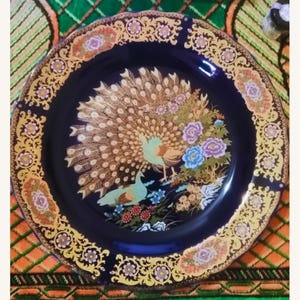 Original Moroccan Taous plate from 1976 –  Handcrafted Ottoman-Style Decorative Plate – Peacock & Floral Design, Gold Accents