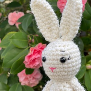 May include: A white crocheted bunny with black eyes and a pink nose. The bunny is posed against a background of green leaves and pink flowers.