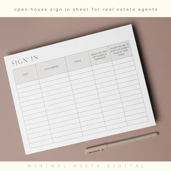 Open House Sign In Sheet for Real Estate Agents — Minimalist Design, Real Estate Marketing, Instant Download, PDF