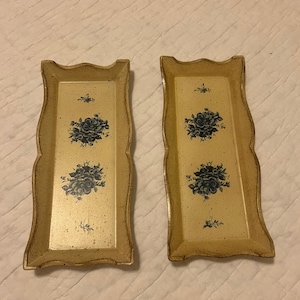 Set Vintage italienische Holztabletts, blau geblümt