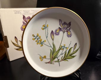 Fuente para hornear Spode Iris & Sphaerolobium vintage • Fabricada en Inglaterra • Redondo de 18,4 cm (7,25 pulgadas) con motivos botánicos • Objeto de colección de cerámica inglesa