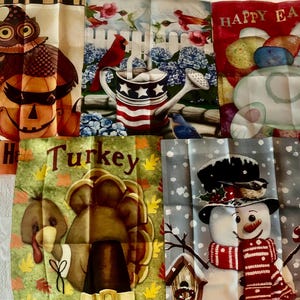 Set of five garden flags, all seasons: Easter, 4th July, Halloween, Turkey Time, Christmas.
