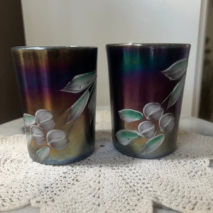 Set of two Northwood Antique Hand Painted Iridescent Tumblers
