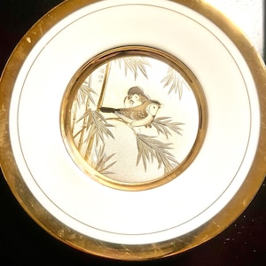 Art of Chokin Japanese gold embossed decorative plate with birds, 6 inches