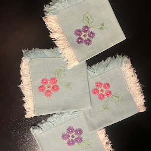 Set of four vintage hand embroidered cocktail napkins