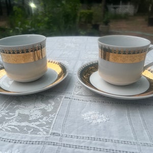 Set of two Antique HC Haas Czechoslovakia Porcelain Teacup & Saucer Gold, White and Green