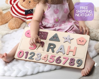 Wooden Personalized Name Puzzle With Shapes and Numbers , Busy Board, Montessori Toys, Christmas Gifts, Baby Shower, Baby Toy