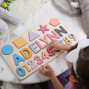 Name Busy Puzzle, Personalized Puzzle With Shapes and Number, 1st Birthday Baby Girl, Christmas Gifts, Wooden Toys, Custom Name Sign image 6