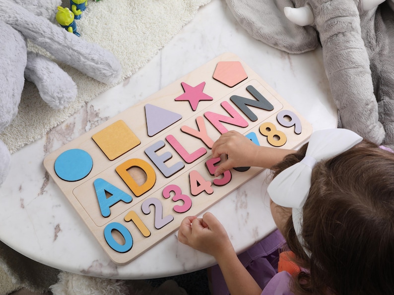 Name Busy Puzzle, Personalized Puzzle With Shapes and Number, 1st Birthday Baby Girl, Christmas Gifts, Wooden Toys, Custom Name Sign image 6