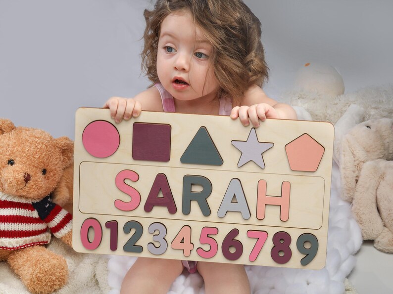 Name Busy Puzzle, Personalized Puzzle With Shapes and Number, 1st Birthday Baby Girl, Christmas Gifts, Wooden Toys, Custom Name Sign image 8