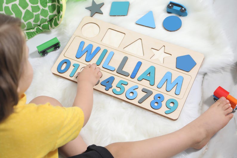 Name Busy Puzzle, Personalized Puzzle With Shapes and Number, 1st Birthday Baby Girl, Christmas Gifts, Wooden Toys, Custom Name Sign image 1