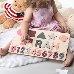 Wooden Personalized Name Puzzle With Shapes and Numbers , Busy Board, Montessori Toys, Christmas Gifts, Baby Shower, Baby Toy