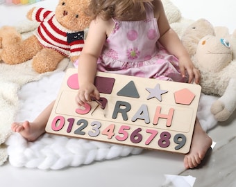 Wooden Personalized Name Puzzle With Shapes and Numbers , Busy Board, Montessori Toys, Christmas Gifts, Baby Shower, Baby Toy