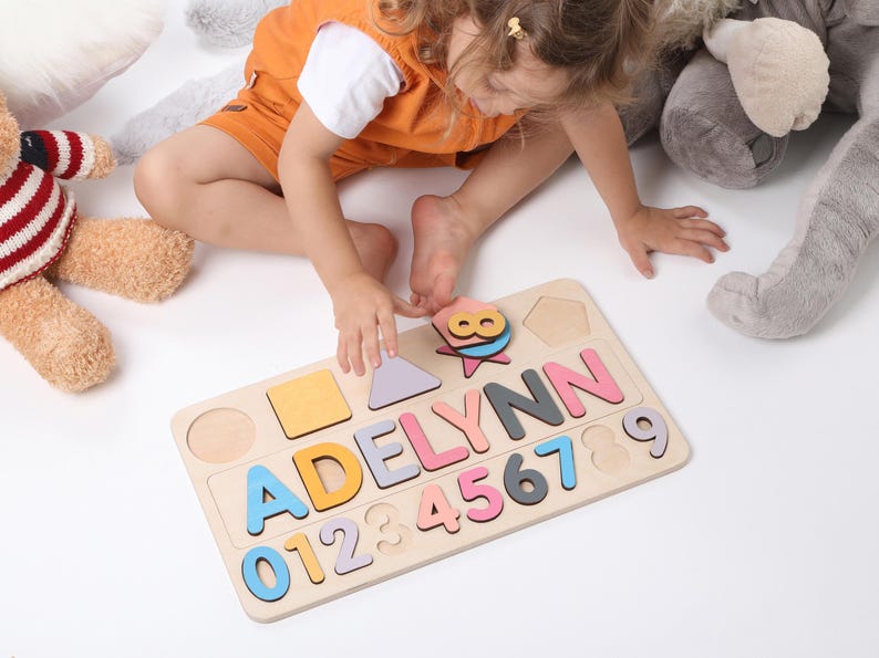 Name Busy Puzzle, Personalized Puzzle With Shapes and Number, 1st Birthday Baby Girl, Christmas Gifts, Wooden Toys, Custom Name Sign image 7