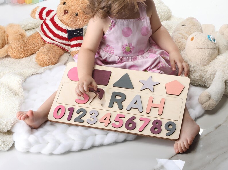 Name Busy Puzzle, Personalized Puzzle With Shapes and Number, 1st Birthday Baby Girl, Christmas Gifts, Wooden Toys, Custom Name Sign image 9