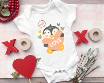 Love You Penguin Baby Bodysuit, Valentines Baby Outfit, Newborn Gift Onesie, Cute Valentine Baby Onesies