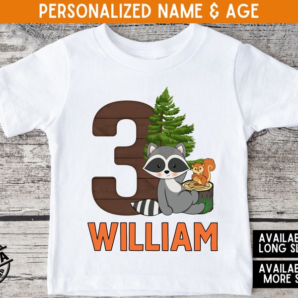 Woodland Birthday Shirt, Personalized Woodland Animals Birthday TShirt, Raccoon Birthday Tee, Forest Birthday Theme, Squirrel Birthday Shirt