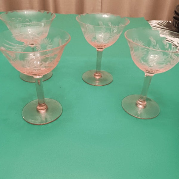Depression PINK GLASS set of 4 sherbet/champagne 5" stem glasses 1940's VINTAGE